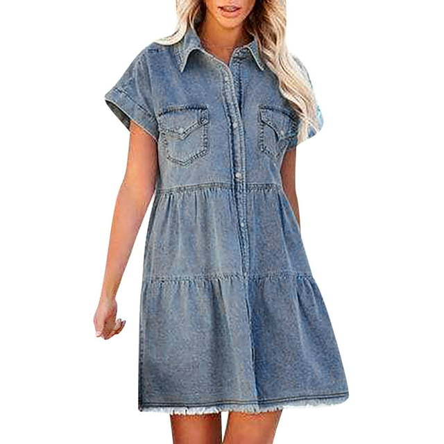 Robes Décontractées pour Femmes Couleur Unie Manches Courtes Robe Courte en Denim Mini Robe d'Été de Plage pour Dames