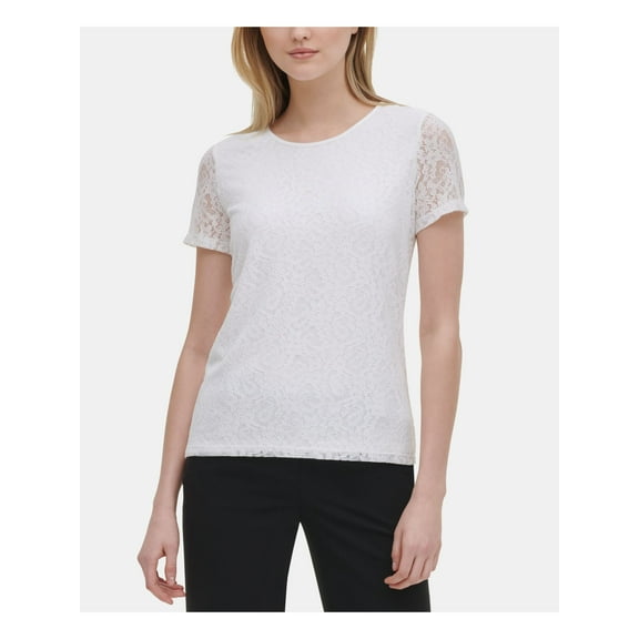 CALVIN KLEIN Womens White Lace Short Sleeve Jewel Neck Top Size: L