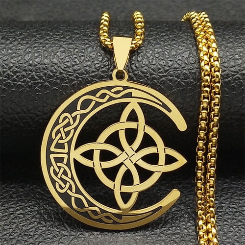 Crescent Celtic Irish Knot Necklaces 14K Yellow Gold  Witch Moon Amulet Protection Chain Necklace Jewelry collier luna
