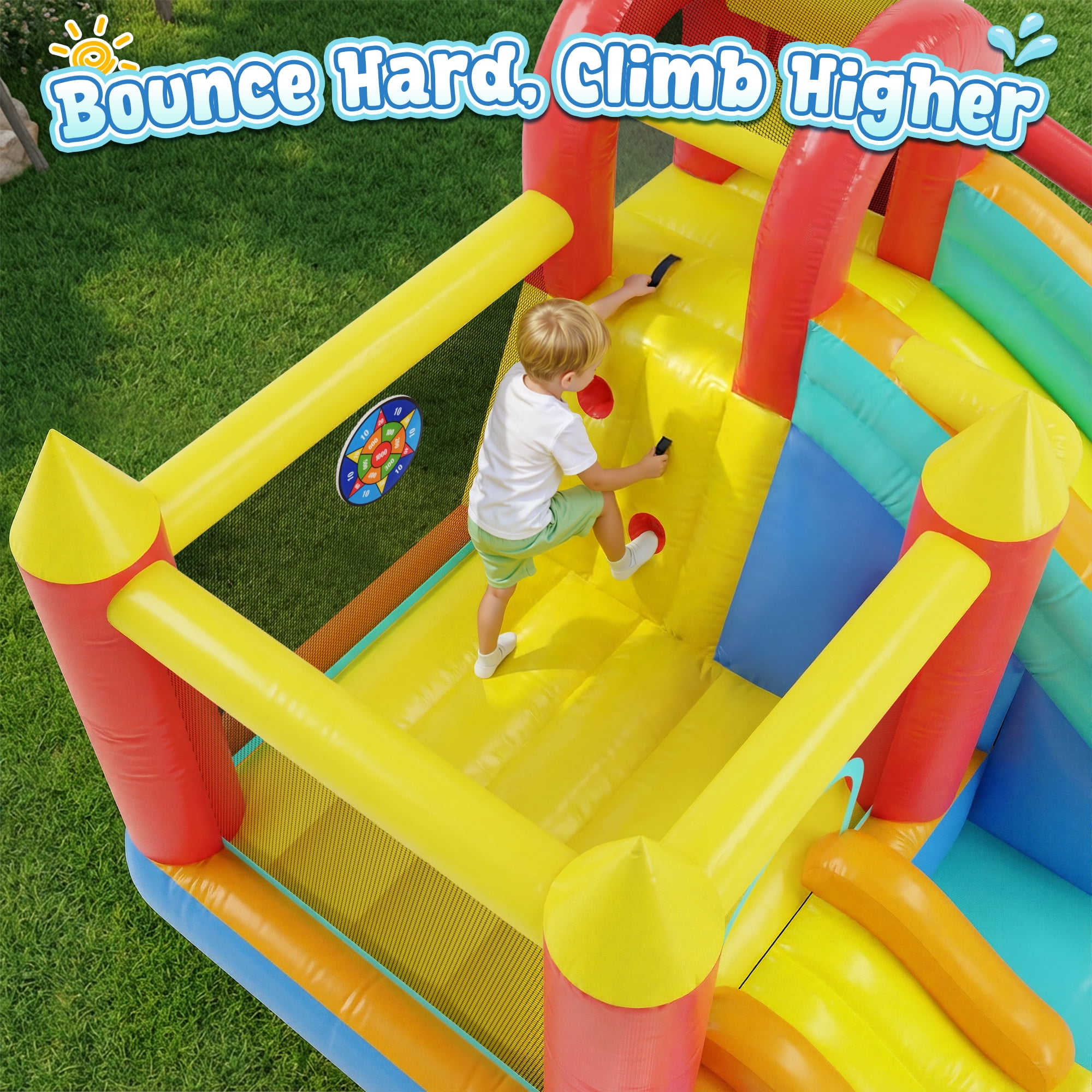 Sunnyfree 13 in 1 Inflatable Bounce House, 185" × 157" × 83" XXL Inflatable Water Slide, 196in power cord, Fishing Game, Double Water Slides, Basketball Hoop, Climbing Wall, Indoor&Outdoor
