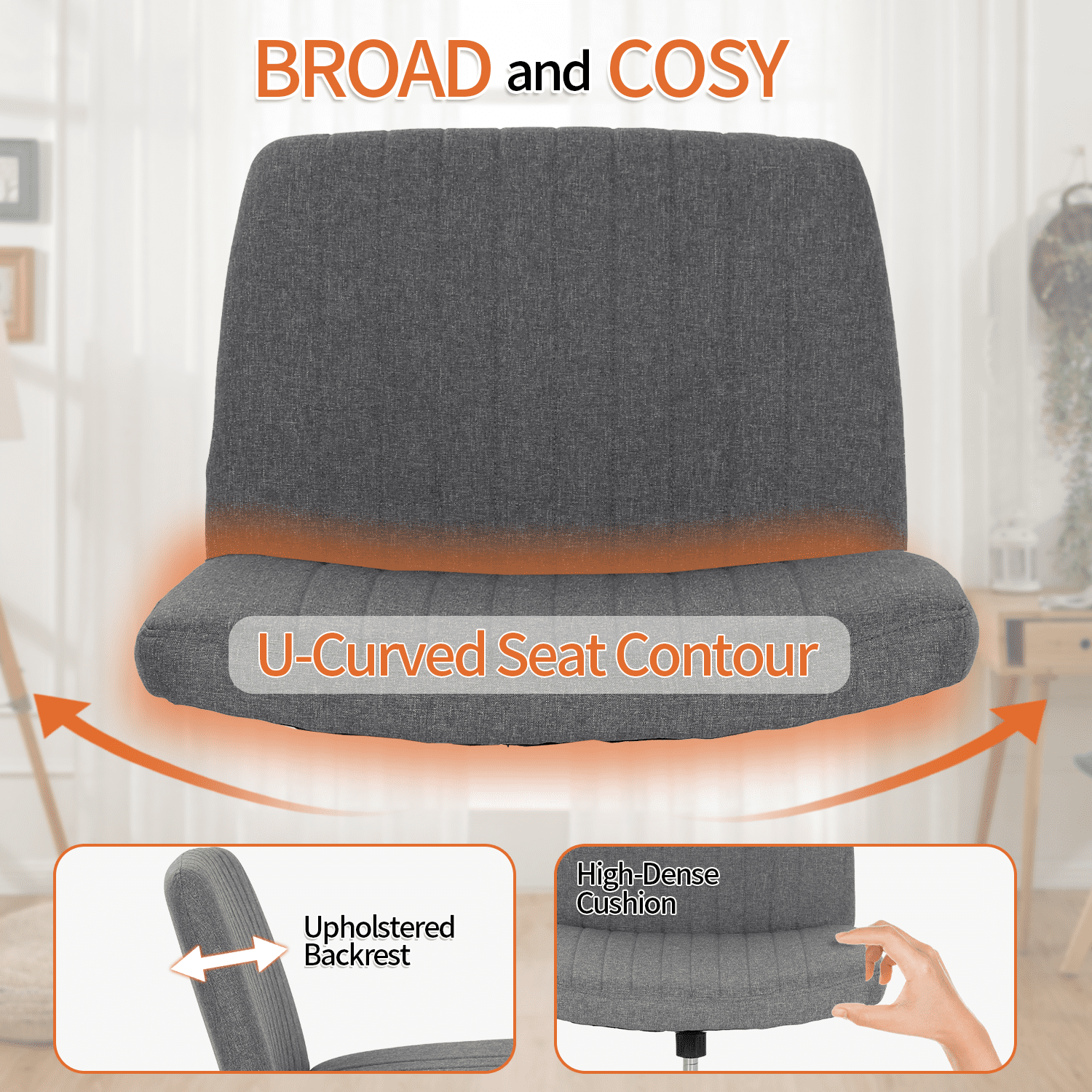 BIQWBIC Crisscross Chair Armless Vanity Chair Adjustable Home Office Desk Chair with No Wheels, Gray
