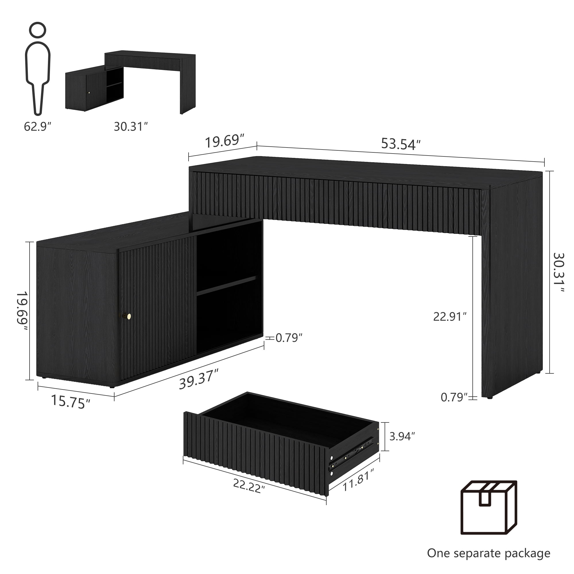 Wirrytor Modern L Shaped Desk with 2 Drawers and 2 Storage Shelves, Corner Computer Desk for Home Office, Space Saving L-Shaped Desk with Sliding Door Cabinet and Printer Stand