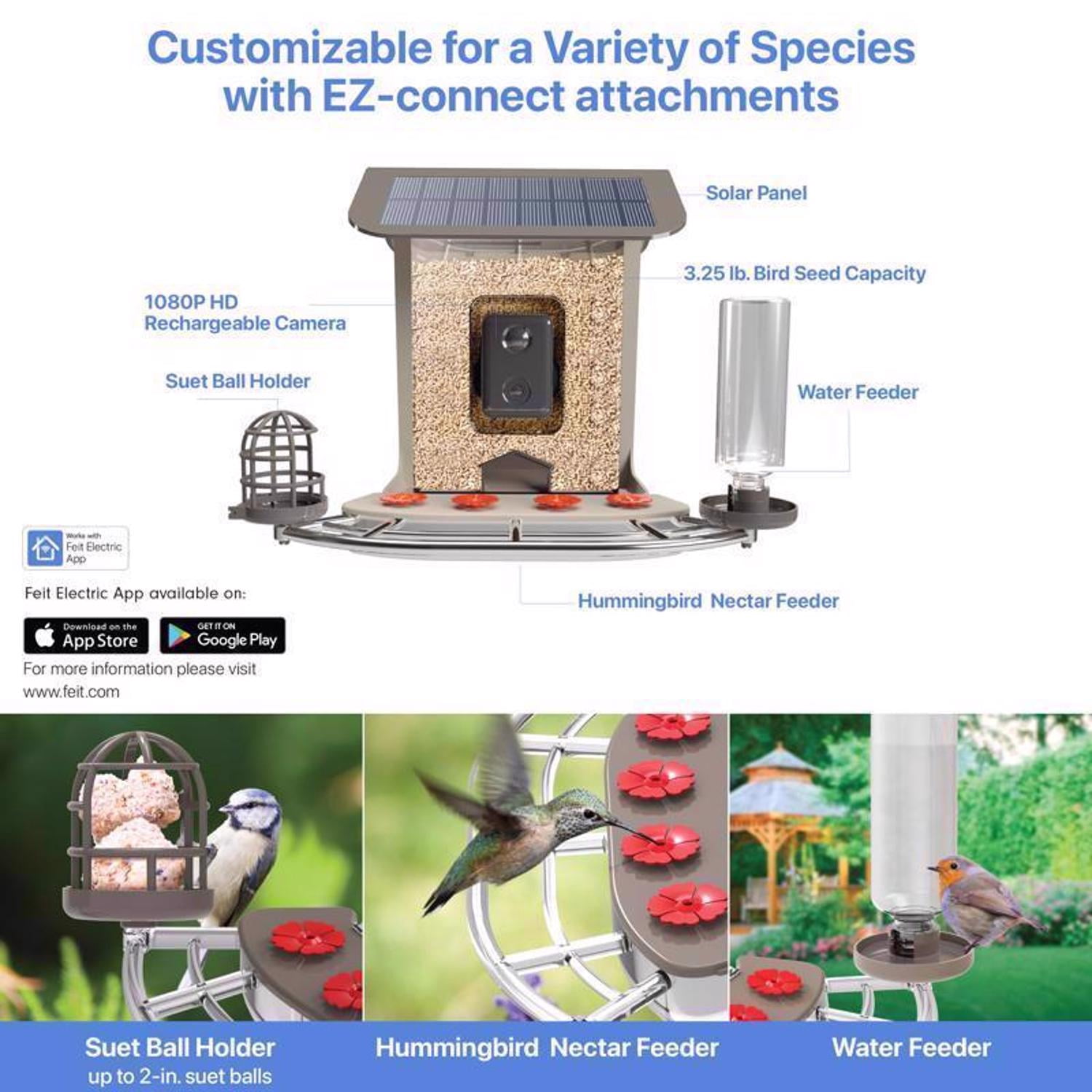 Feit 2.5 Liter 1 Ports Smart Camera Wild Bird Plastic Bird Feeder, Brown