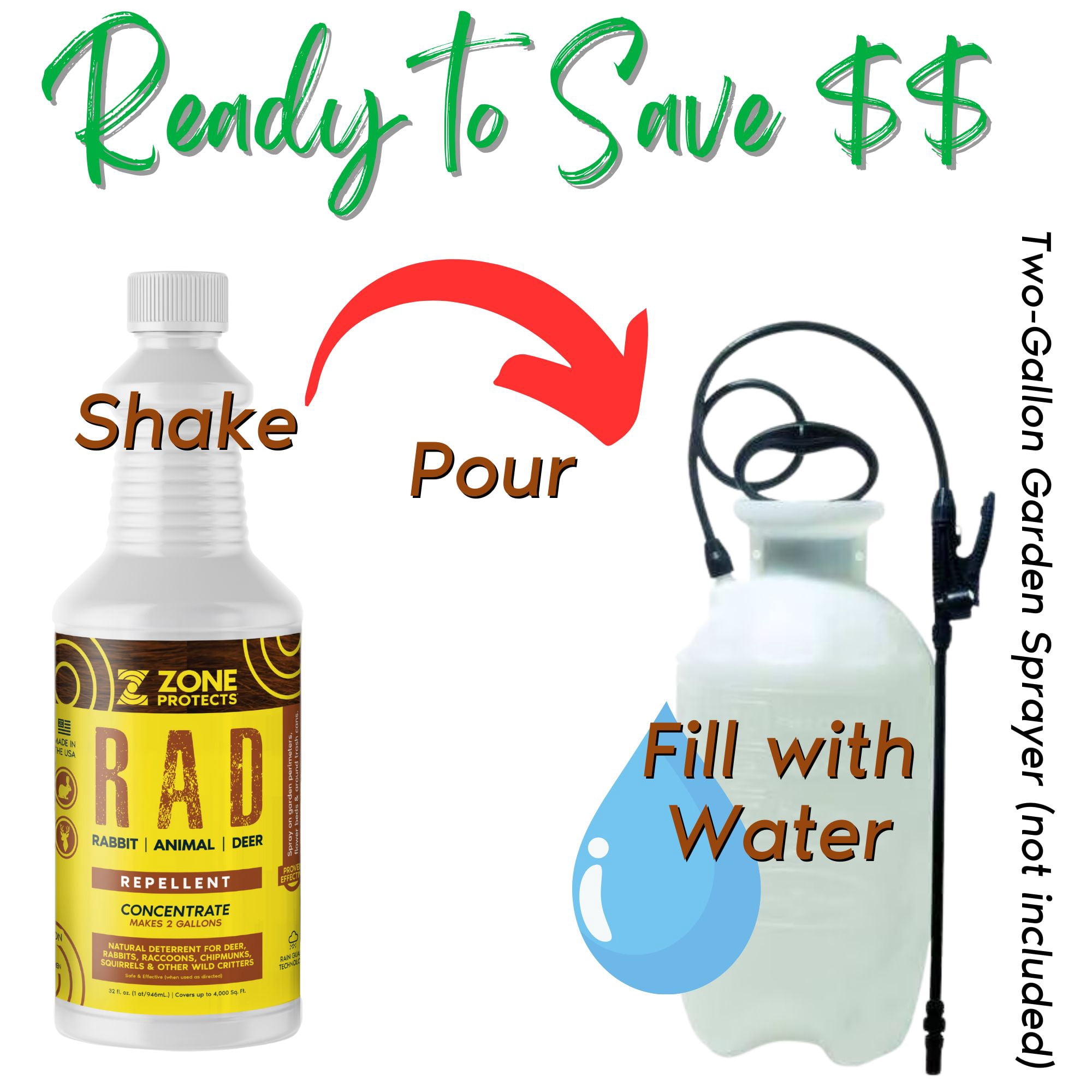 R.A.D. - Rabbit, Animal, Deer Repellent Concentrate/Gallon Bundle; All-Natural Money Saving Repellent; Protect Gardens, Flower Beds and Lawns