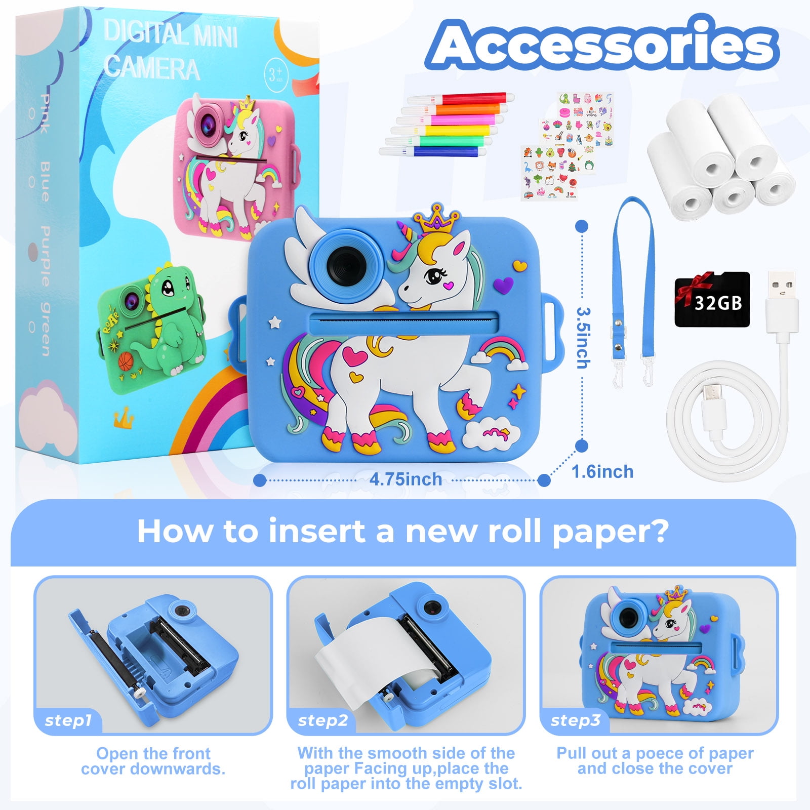 PayUSD Kids Camera Instant Print, Birthday Christmas Gifts for Girls Boys Age 3-12 1080P Digital Video Camera Print Photos Portable Toddler Toys for 4 5 6 7 8 9 10 Year Old with 32GB SD Card-Blue
