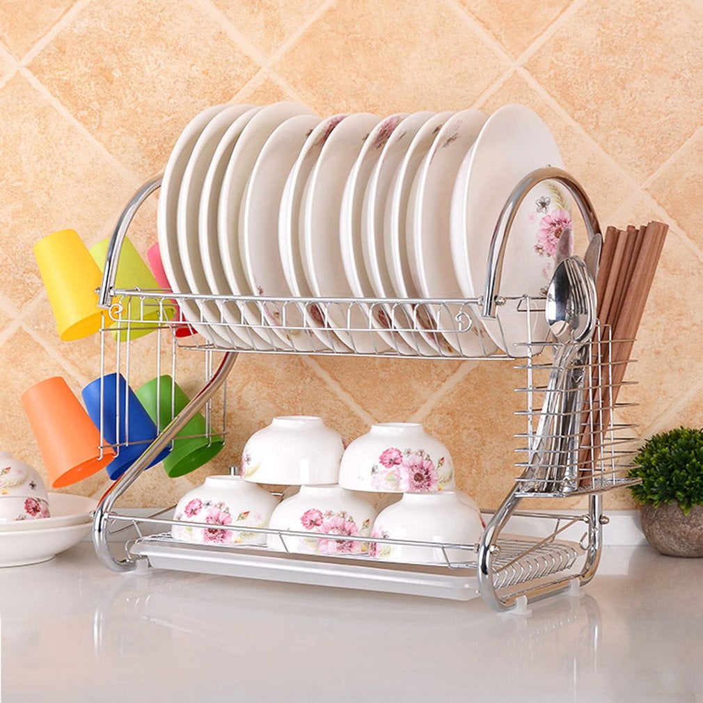 2Pcs 2Tier Dish Drying Rack Dish Drainer, Chrome Plating Dish Rack