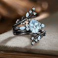 thumbnail image 3 of Oval Cut Aquamarine Engagement Ring Gothic Art deco&nbsp;14K Black Gold Vermeil- Leaf Vine Wedding Band, 3 of 5