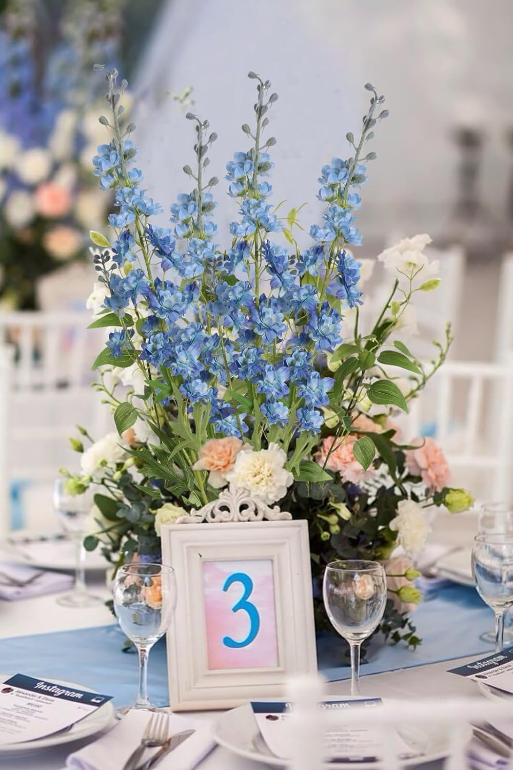 Blue Silk Flowers 9Blue Delphinium Artificial Flowers Combo Clematis Greenery 33.5" Long Stem Flowers for Tall Vase Bluebonnet Decor Floral Centerpiece Bridal Bouquets for Wedding (Blue)