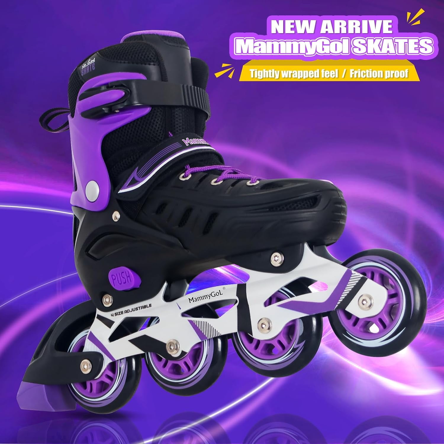 MammyGol Adjustable Inline Skates for Youth & Adults PU Wheels Safety Brake Purple (Teen Boys, Girls, Beginner-Friendly)