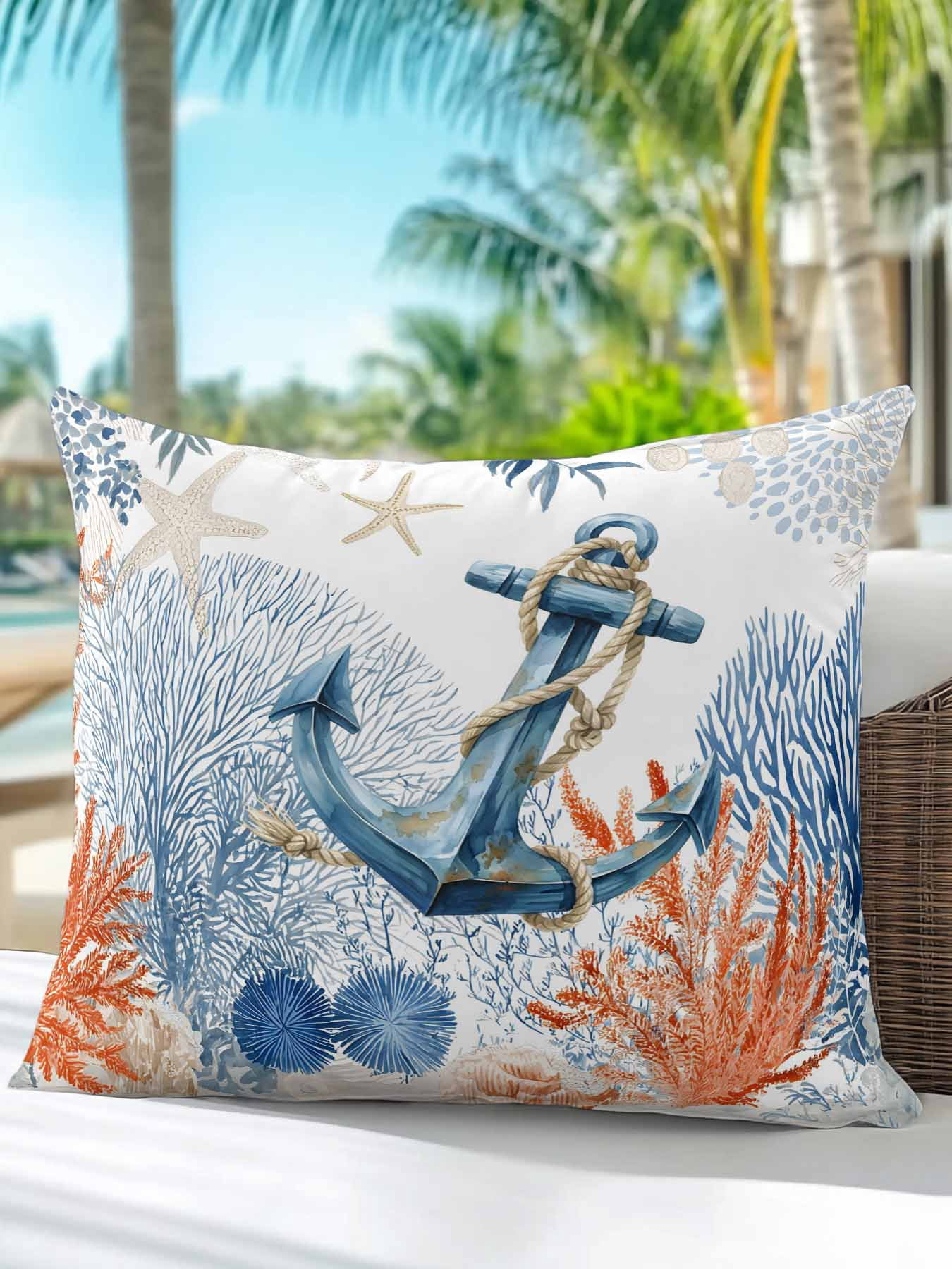 1 Pack Outdoor Throw Pillow, Nautical Anchor Waterproof Pillow with Insert Included, Blue Coastal Starfish Coral Leaves Decorative Accent Cushion Sofa Pillows for Patio Porch, 16 x 16 In