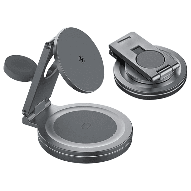 Mr. Gadgets Base Cargador Inalambrico 3 En 1 Giratorio 360° Luz Led Rgb, Estación De Carga Qi2 Magnetica, Compatible Con Magsafe,aluminio, Para iPhone / AirPods/ Apple Watch Color Gris