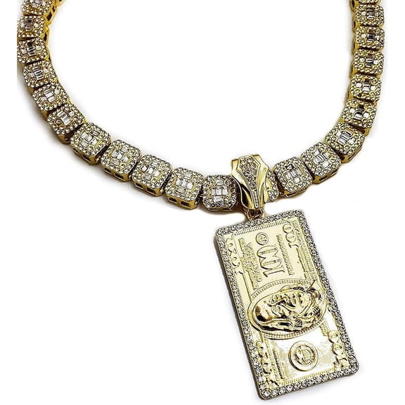 Hip Hop Gold Plated Cubic Zirconia $100 Dollar Bill Benjamin Pendant & 12mm 16" Full Iced Bust Down Chain Bling Necklace Set Luxury Gift