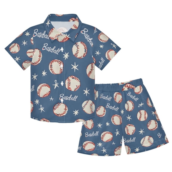 joogoo Boy Shorts Set Blue Baseballs Stars 2 Piece Short Sleeve Button Down Hawaiian Shirt Shorts 5-6T