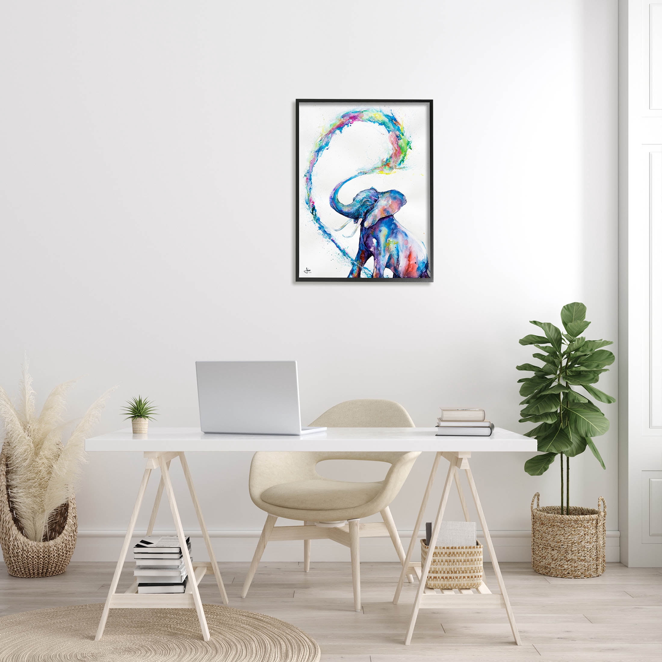 Modern Rainbow Elephant Splash Animals & Insects Graphic Art Black Framed Art Print Wall Art