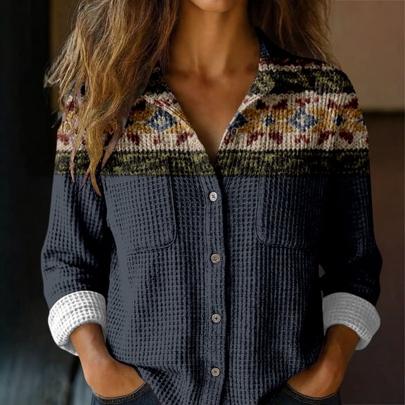 Xunmmm Button Down Shirts For Women Patchwork Pullover Plaid Printed Casual Long Sleeve Shirt Womens Blouses Navy M