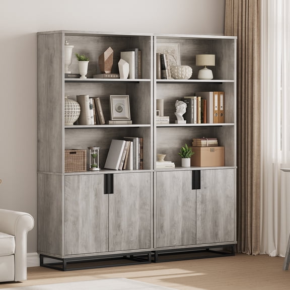 Tall Storage Cabinet with Doors & Adjustable Shelves, 71" 5-Tier Farmhouse Industrial Bookcase in Grey for Office, Living Room & Library