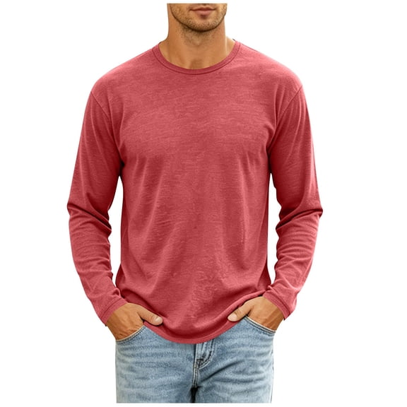 HAiming Men's Long Sleeve Shirts Casual Solid Color Round Neck Pullover Base Tops Plus Size Soft Pajamas Loungewear