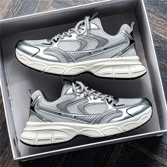 's & 's Breathable Mesh Sneakers - White/Grey/Black/Green Tread - All-Season Casual & Sports Shoes (Unisex Lace-Up) ,Low-Top Sneakers with Anti-Slip Shock-Absorbing Rubber Sole, Cushioned