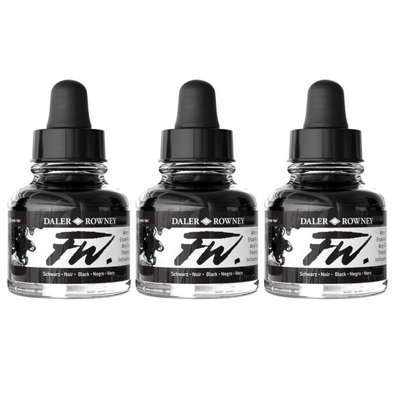 Daler-Rowney FW Acrylic Ink, Black, 29.5ml, 3 Pack