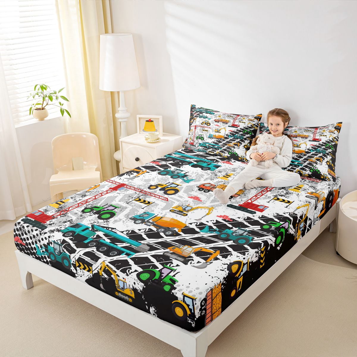 Manfei Cartoon Excavator Vehicle Bed Sheets,Equipment Truck Crane King Sheets,Retro Geometric Circle Sheet Set For Boys,Breathable Home Decor,4-Piece