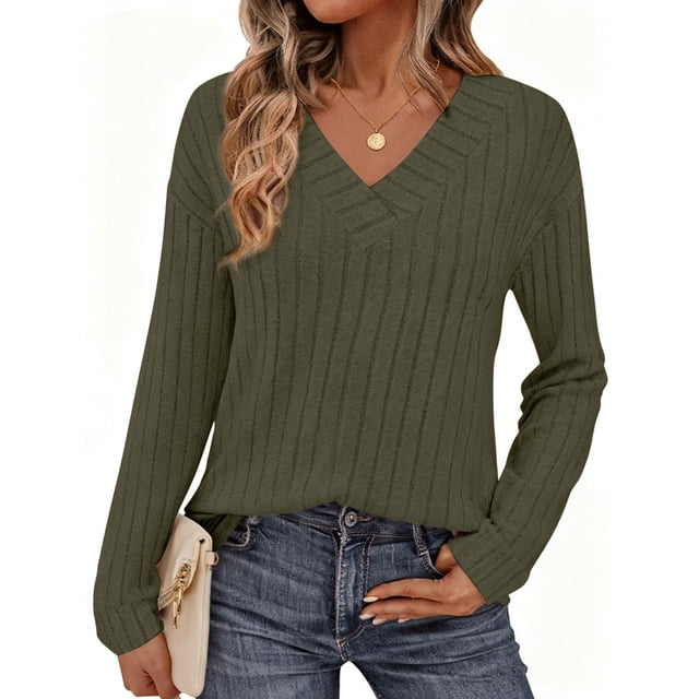Remera PRETTYGARDEN de Punto Acanalado Manga Larga Cuello en V Verde Militar Talle L