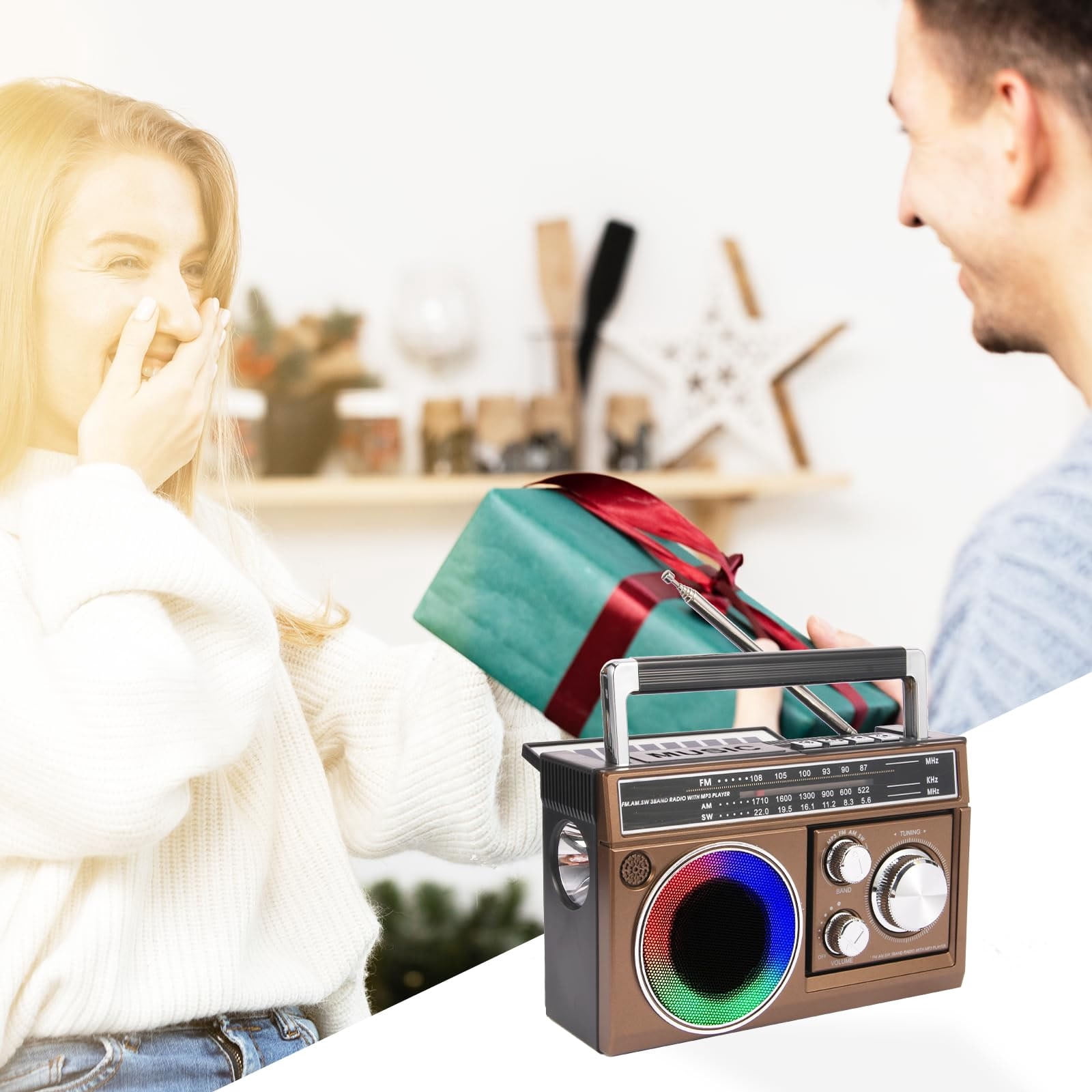 AM FM SW Radio Portable with Bluetooth Speaker, Illumination, USB TF Card Playing, Solar/USB-C Rechargeable Radios, Colorful Light, Transistor Radios Portable Emergency, Bluetooth Radio