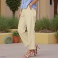 thumbnail image 2 of TANGQIOP Causal Pants for Women Solid Color Striped Straight Wide Leg Elasticized High Waisted Pocketed Button Breathable Khaki M, 2 of 9