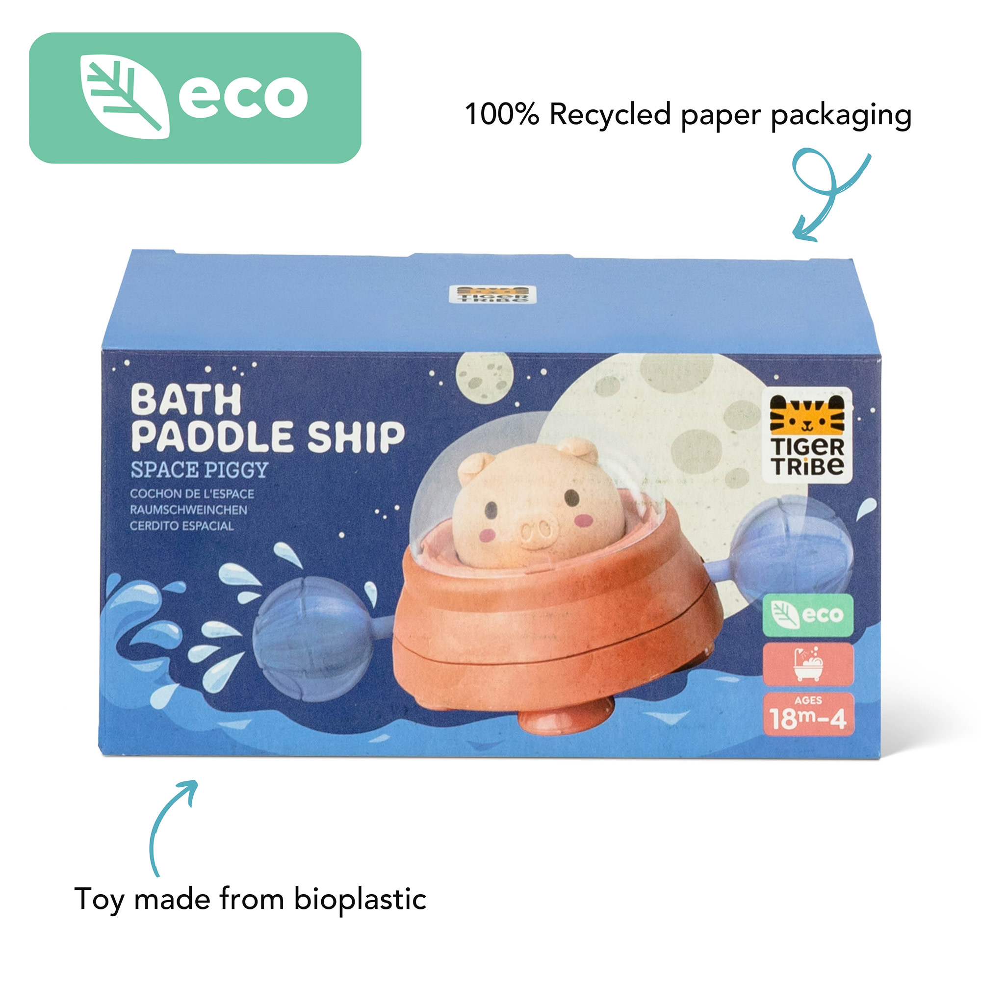 Tiger Tribe Paddle Ship Bath Toy - Space Piggy Floating Toy with Pull String Action, Non-toxic, Eco-friendly for Toddlers 18mo+, Develops Motor Skills