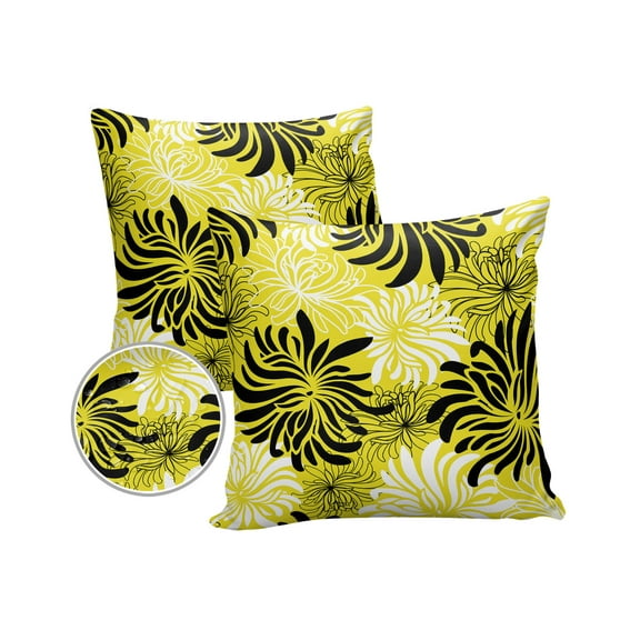 Pack of 2 Outdoor Pillow Covers, Yellow Chrysanthemum Black And White Retro Texture Waterproof Square Throw Pillowcase Cushion Decorative Pillow Covers for Couch Patio Tent, 16x16 in
