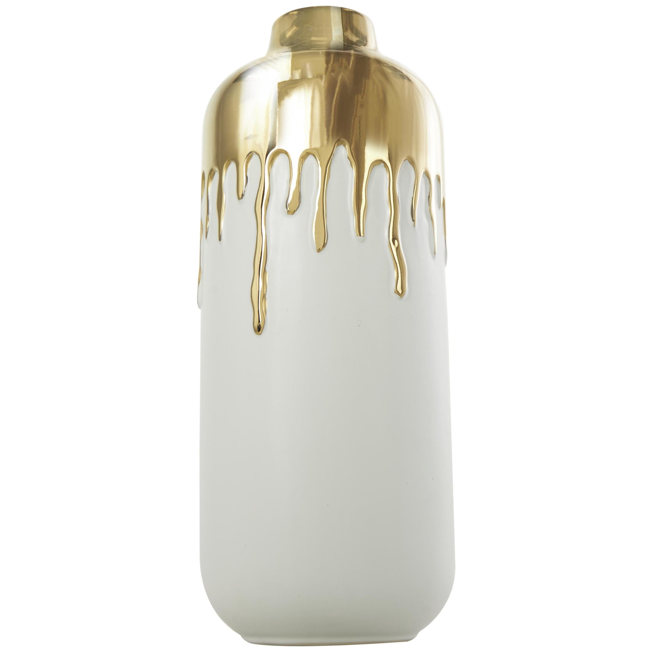 CosmoLiving by Cosmopolitan 14" Abstract White Ceramic Vase with Abstract Gold Melting Drips