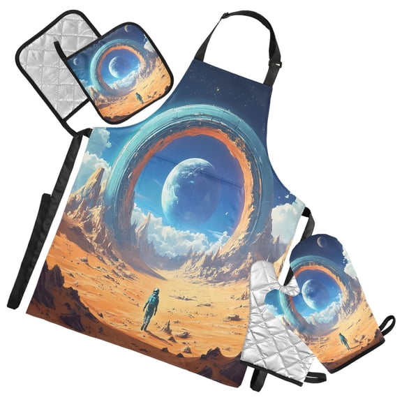 5 Pcs Kitchen Set Heat Resistant Oven Mitts and Non-Slip Pot Holders with Adjustable Cooking Apron Stargate in Desert