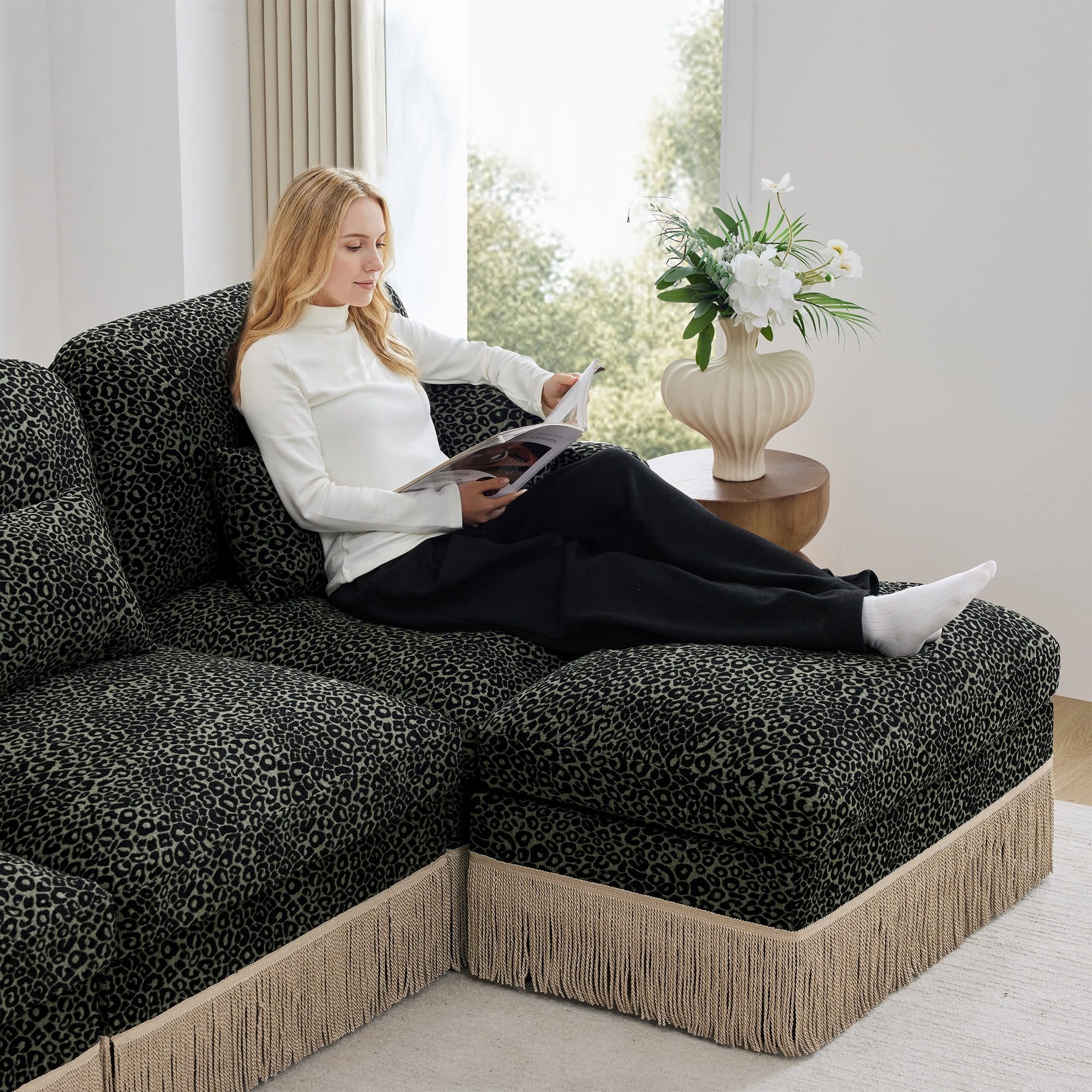100" Chenille Leopard Tassel Deep Seat U Shape 3 Seater Modular Sofa Couch with 5 Throw Pillows and 2 Ottoman