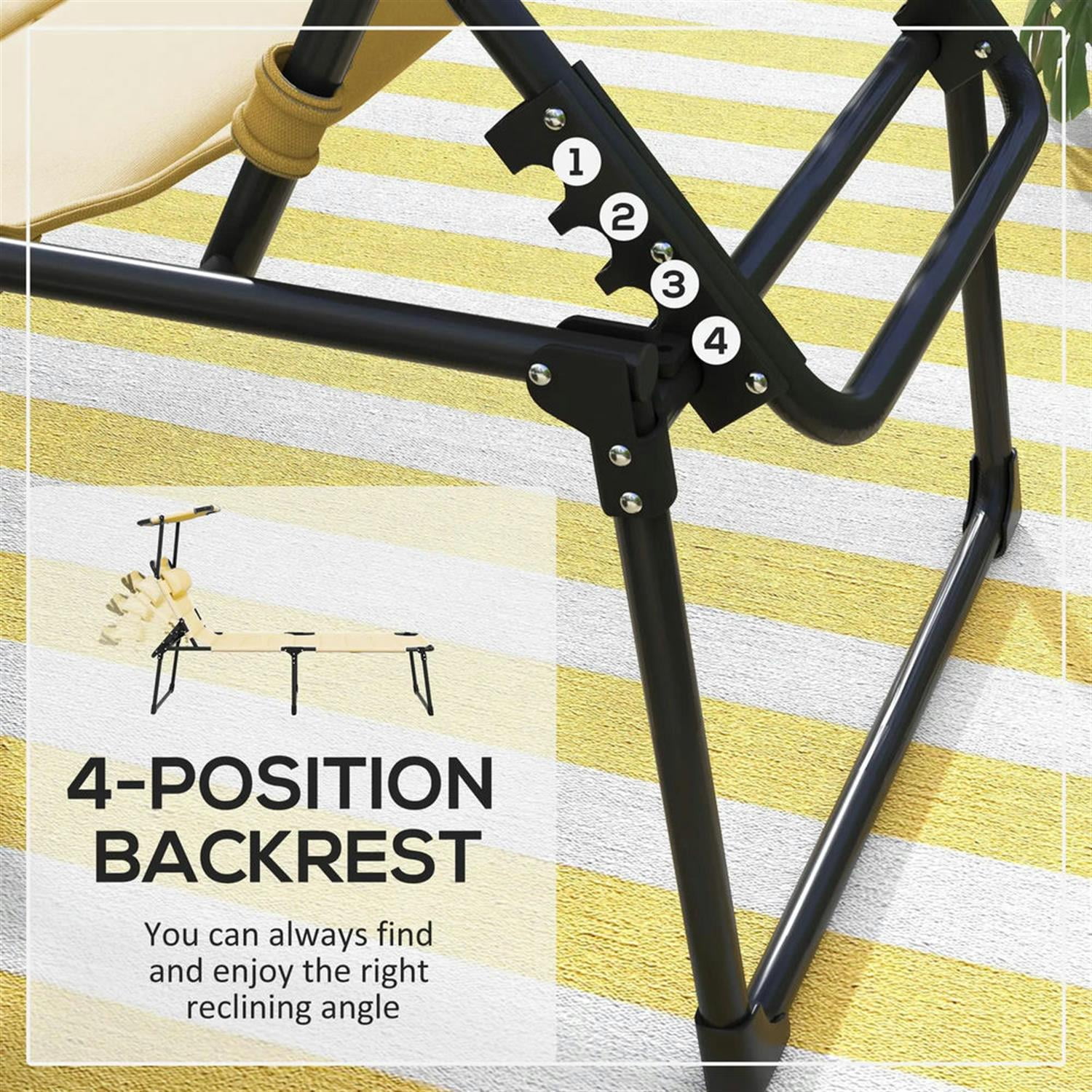 Demi Bonn Outdoor Folding Lounger with 4-Position Reclining, Pillow & Sun Canopy for Relaxing Patio, Deck, Comfortable Sun Protection Seating, Yellow