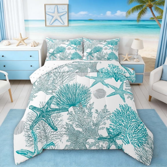 Manfei Simple Teal Starfish Coral Seashell Queen Comforter Set for Kids Boys and Girls, Coastal Bedding Comforter Set, Reversible 3 Pieces, 1 Comforter and 2 Pillowcases