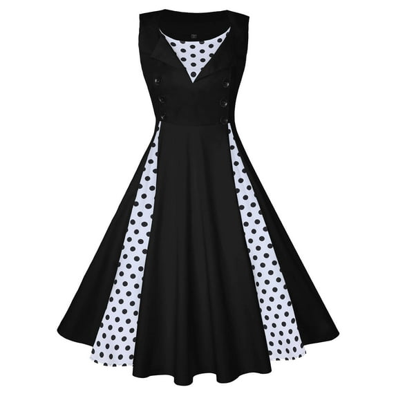 KONBECA 1950's Dresses for Women Vintage, V-Neck Patchwork Print Sleeveless Dress, Stretch Slim High Waist Swing Dress, Audrey Hepburn Style Party Dresses Black M