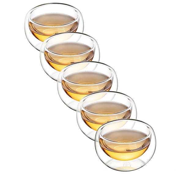Tea Cups Set of 5 Double Wall Glass Tea Cup, 5.1oz Asian Insulated Clear Teacups 150ML,Small Espresso Cup for Coffee