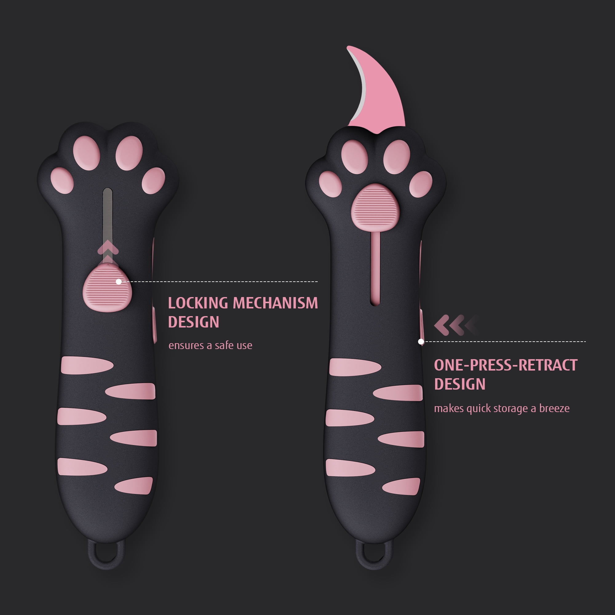 Meowkit Retractable Cat Paw Box Cutter, Cute Black & Pink Multi-purpose Utility Knife with Safe Slide Blade