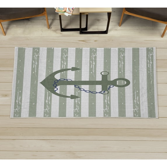 Striped Decorative Rug, Ship Anchor Chain Marine Life Inspired Lines Background Ocean Sailing, Quality Carpet for Bedroom Dorm and Living Room, 6 Sizes, Reseda Green, by Ambesonne