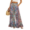 thumbnail image 3 of Boho Print Palazzo Pants for Women, High Waist Drawstring Wide Leg Trousers - Summer Flowy Ruffle Hem Lounge Bottoms Multicolor XXL, 3 of 7