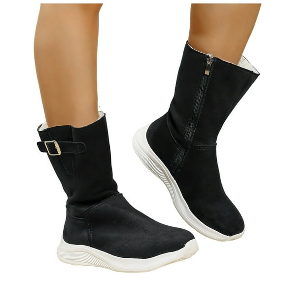 Wide Calf Winter Snow Booots for Women Suede Furry Lined Zipper Flat Casual Mid Calf Booties Outdoor Non Slip Sneakers