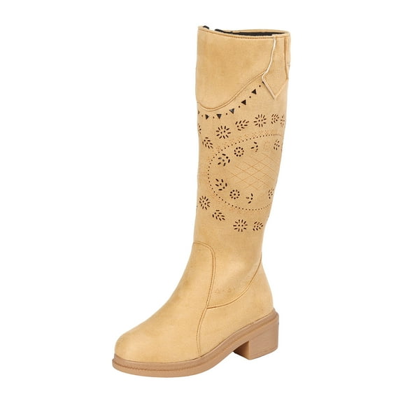 Mostsola Suede Knee High Boots Women Fashion Hollow out Round Toe Zip up Mid Calf Western Boots