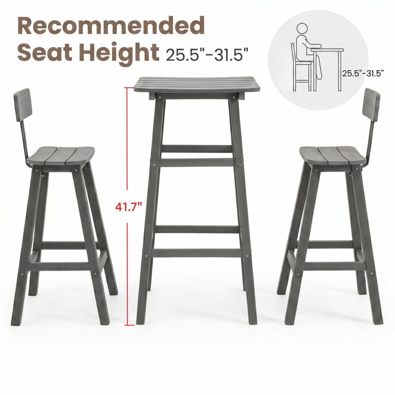 3-Piece Patio HDPE Bar Table Set, Outdoor Bristro Set, Armless Stools with Footrest & Backrest