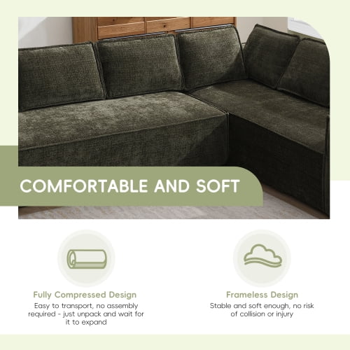EPOWP Modular Sectional Sofa, 129.5" 6-Seat L-Shaped Cloud Couch Set with Chaise, Wrinkle-Resistant Chenille Boneless Sofa, 2-Piece Free Combination for Living Room, No Assembly Required,Green