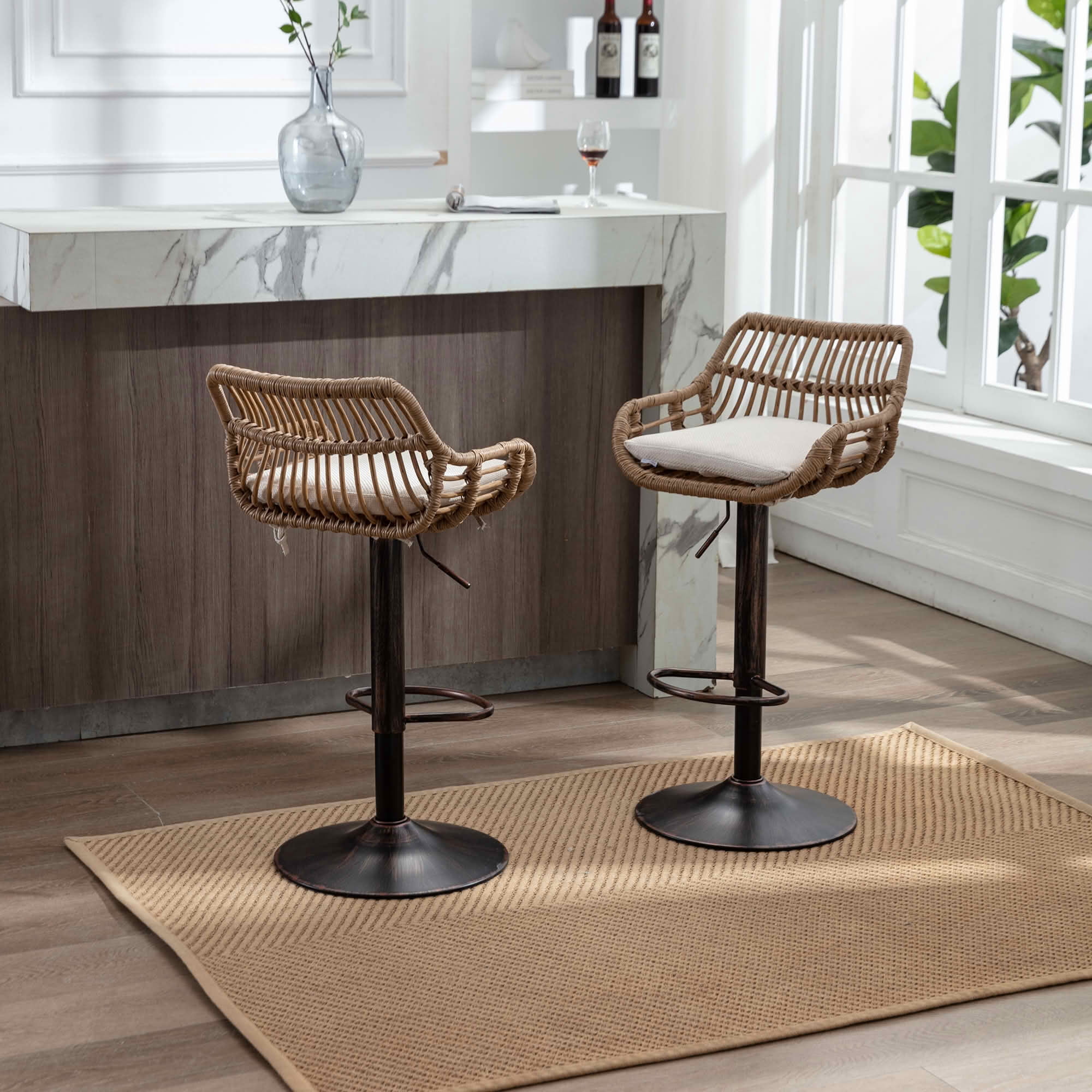 MAYEERTY Swivel Bar Stools Set of 2, Adjustable Height Chairs with Footrest, Linen and PE Rattan Back, Beige