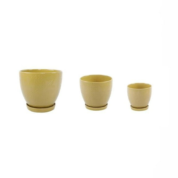 Flora Bunda CT2038E3-MUSTARD 10',8',6.75' GL MUSTARD Hiero Ceramic Pot on Saucer Set of 3