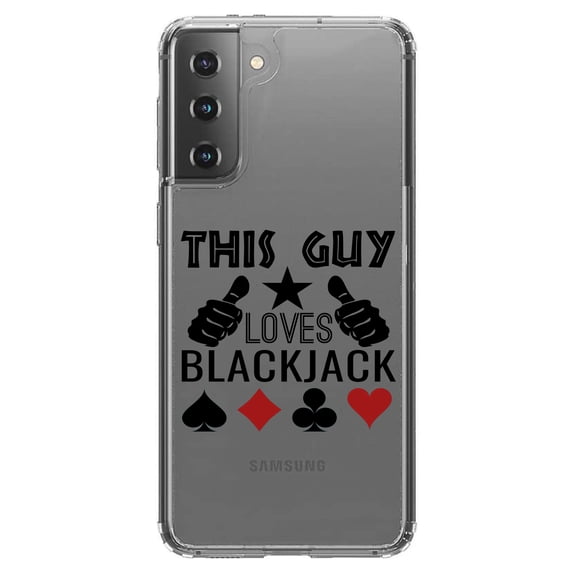 DistinctInk Clear Shockproof Hybrid Case for Galaxy S21  PLUS 5G (6.7" Screen) - TPU Bumper Acrylic Back Tempered Glass Screen Protector - This Guy Loves Blackjack