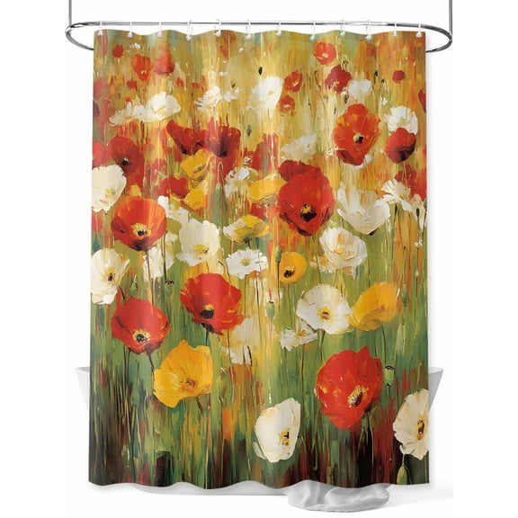 Shower Curtain, Retro Floral Red White Yellow Poppy Grassland Oil Painting Washable Shower Curtain with Hooks Bath Decor Fabric Shower Curtains for Bathroom, Hotel, Stalls, Bathtubs, 48x72 Inch