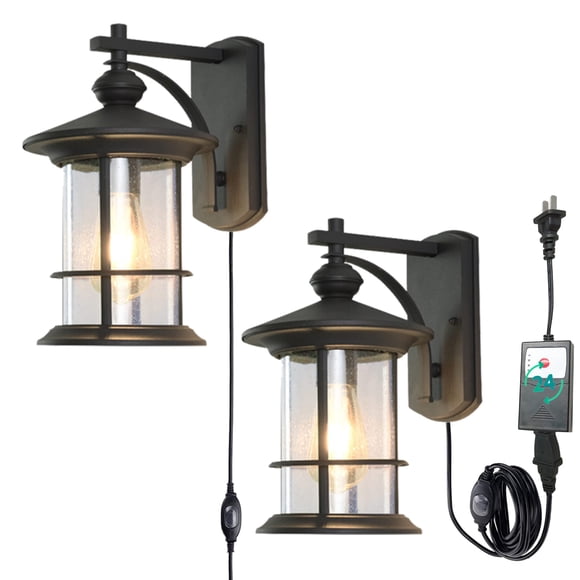 FSLiving Automatic Timer Wall Mounted Lightings Plug-in Outdoor -Indoor Al & Bubble Glass Lampshade Fixture with UL Listed Waterproof Switch for Porch Light Backyard Lounges Ancient Desigh, Coffee