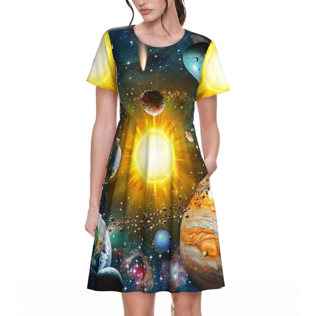 Easygdp Space Planet para Vestido Transpirable de Mujer, Vestido Suelto de Manga Corta con Pliegues y Bolsillos para el Verano