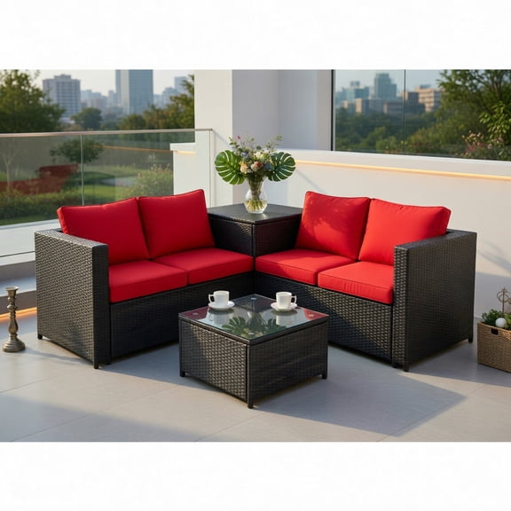 Topcobe 4 Pieces Outdoor Patio Rattan Furniture Set with Cushioned Loveseat and Storage Box, Outdoor Patio Furniture for Garden Backyard-Red